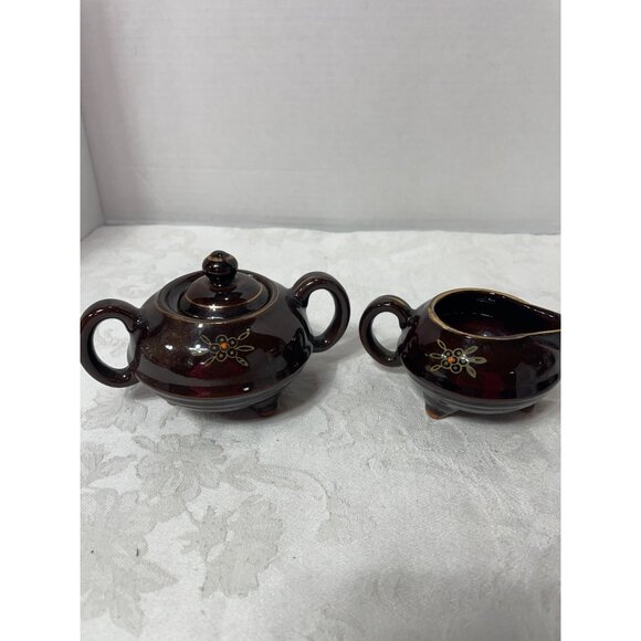 Brown Betty Cream & Sugar Handpainted Made in Japan Moriage Vintage Red Clay - Picture 9 of 9